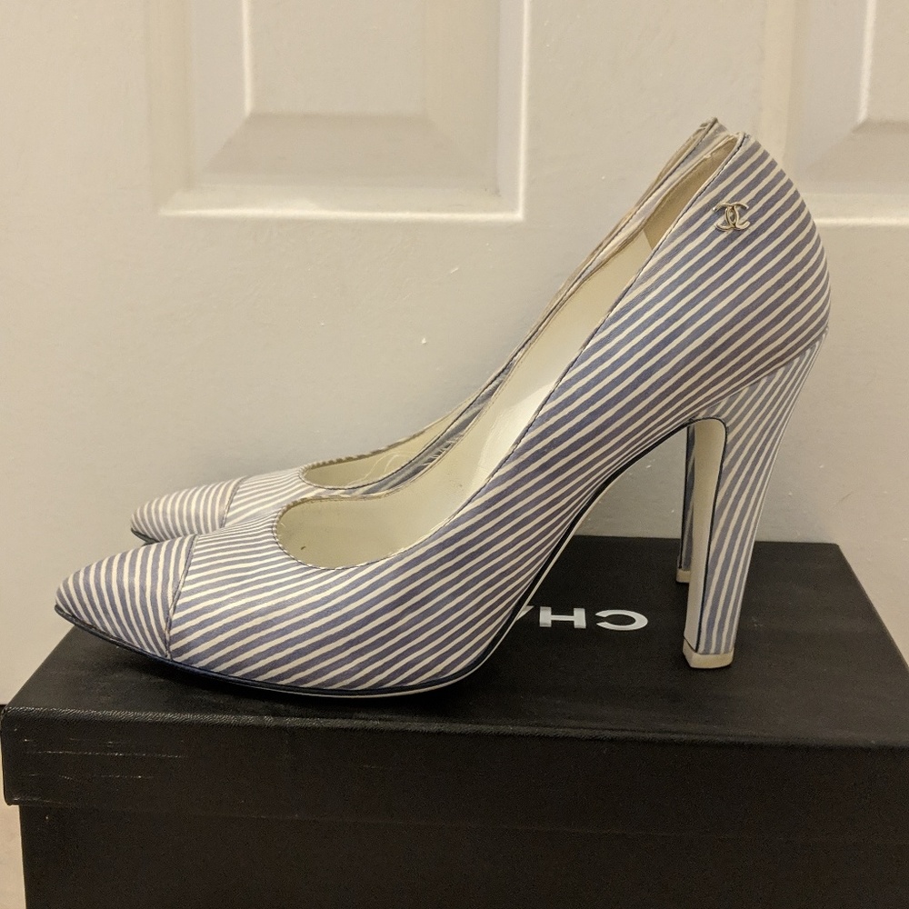CHANEL blue and white pumps